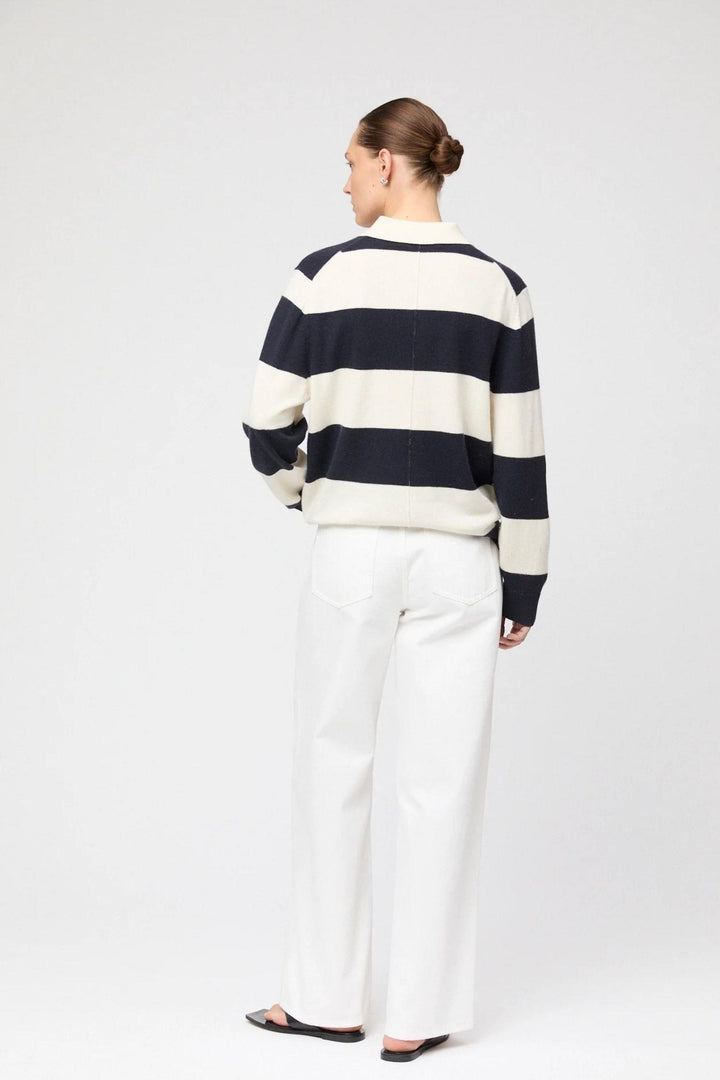 Estate Pique Sweater- Navy Macademia Stripe