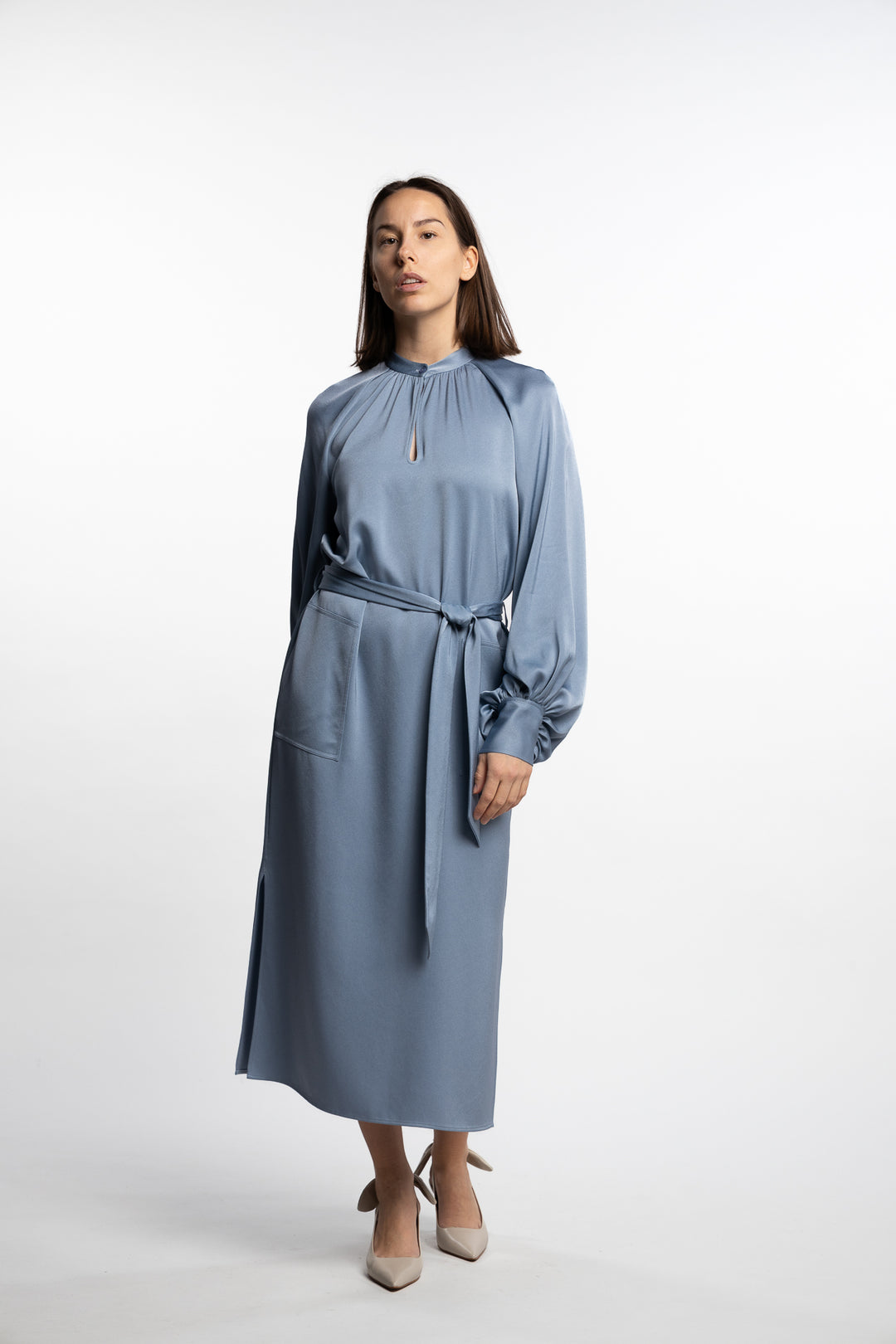 Belted Longsleeve Dress- Air Blue