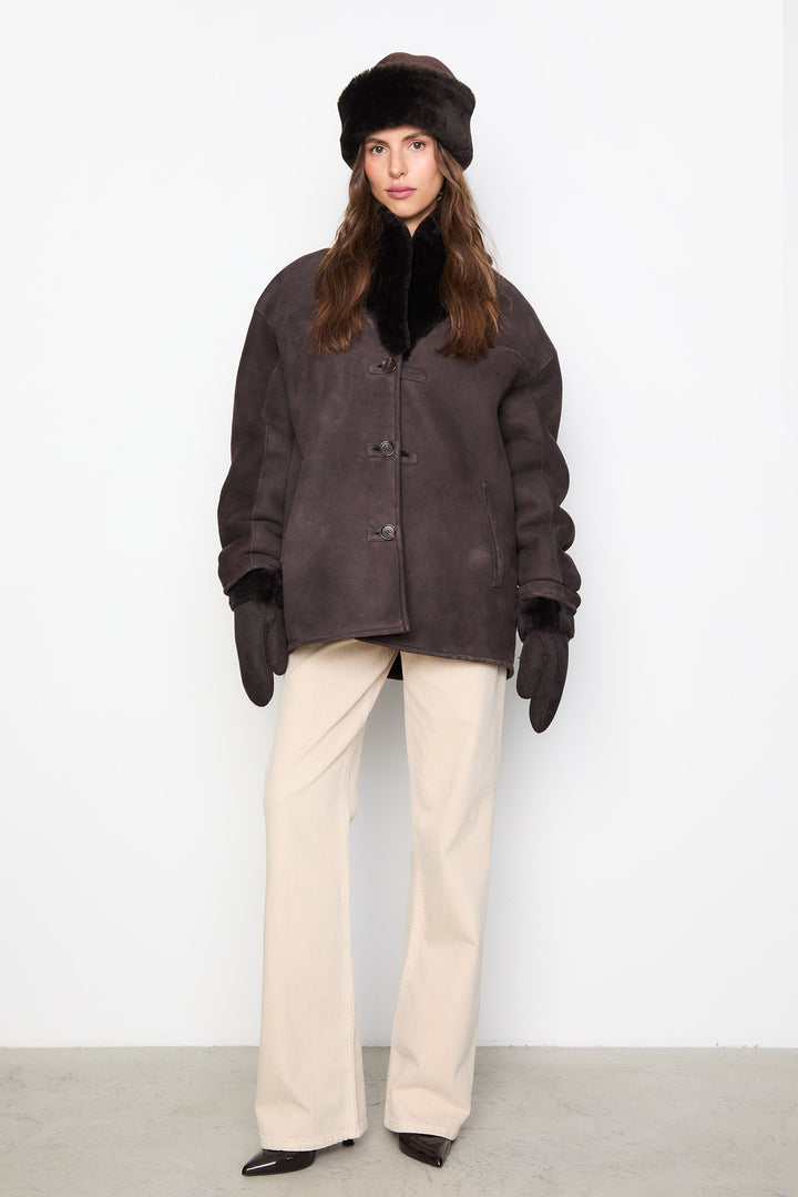 Melli Shearling Jacket- Dark Brown Suede