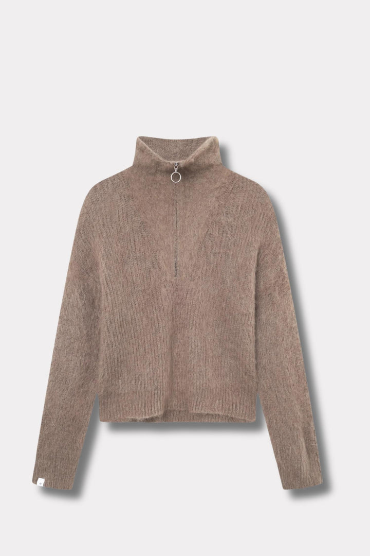 Florie Brushed Zip Knit- Chocolate Brown