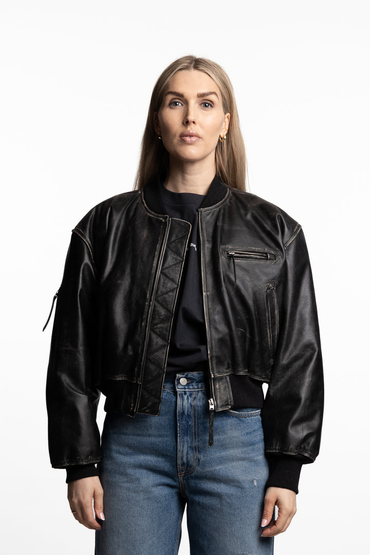 Leather Bomber Jacket- Black