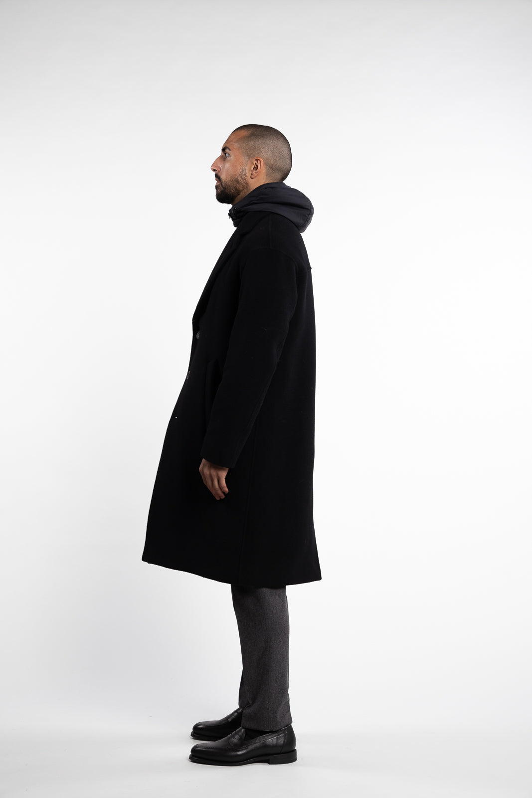 Nylon Hooded Wool Coat Black