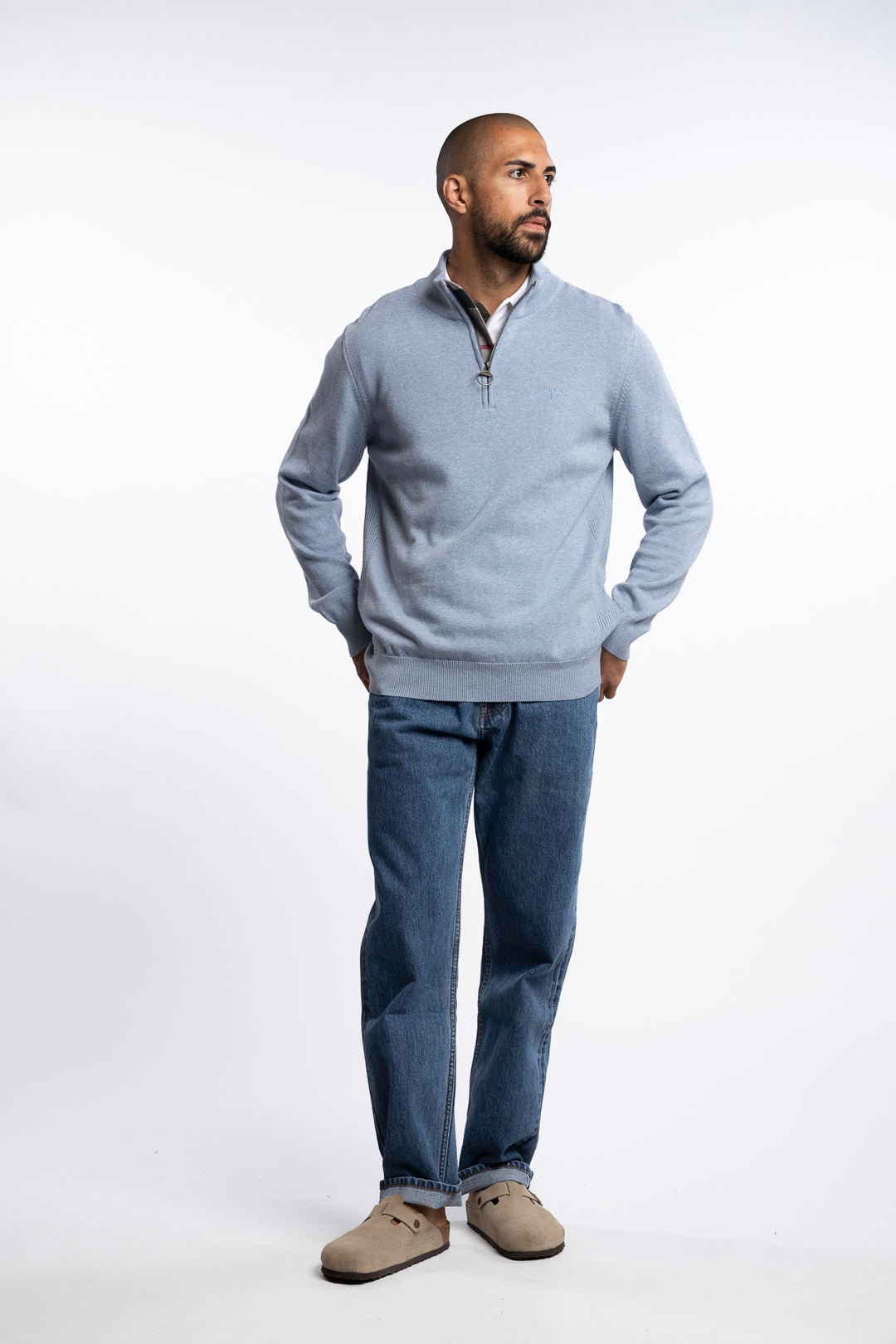 Cotton Half Zip Knitted Jumper Light Blue