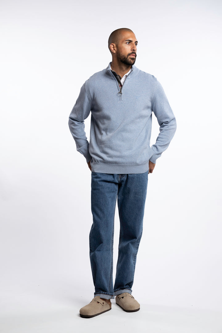 Cotton Half Zip Knitted Jumper Light Blue