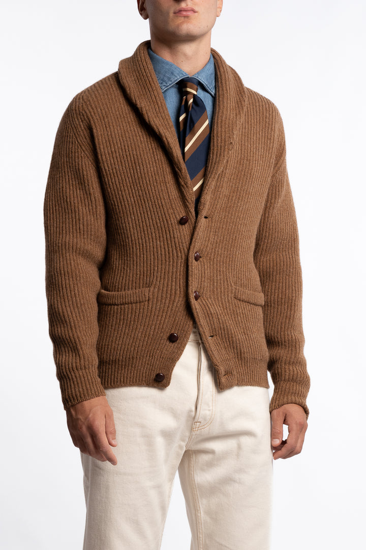 Lambswool Shawl Collar Rib Cardigan Camel