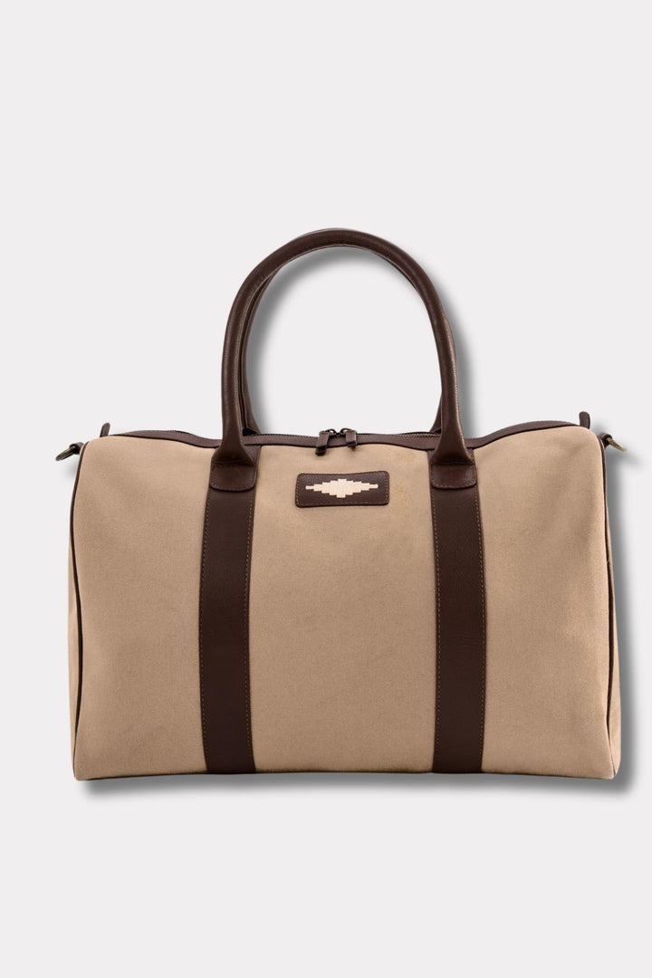 Varon Small Travel Bag - Brown Leather and Sand Canvas with Cream stitching