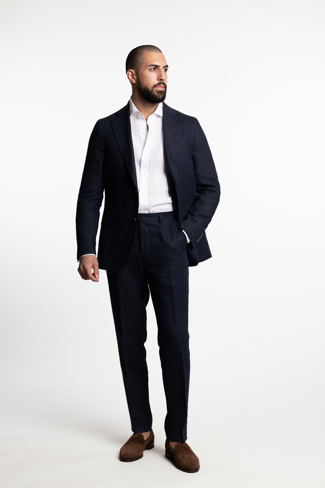 Denz Slim Fit Linen Trousers Navy