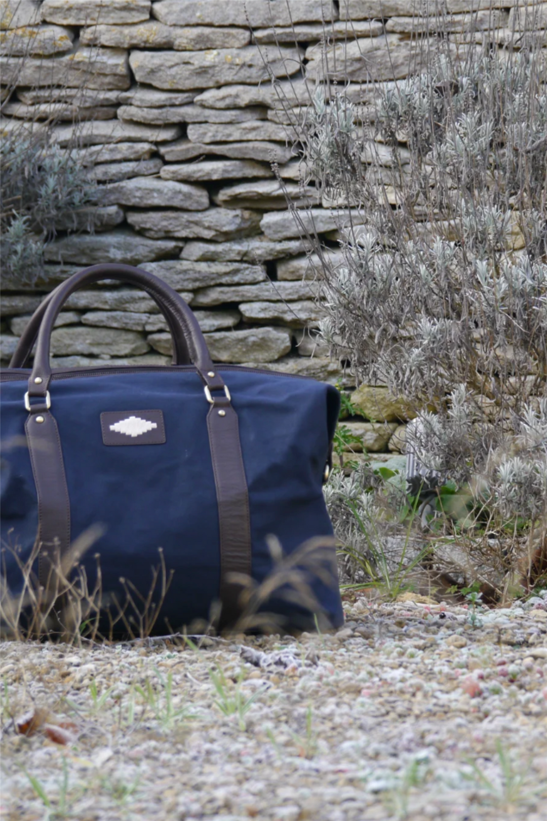 Caballero Large Travel Bag - Brown Leather and Navy Canvas With Cream Stitching