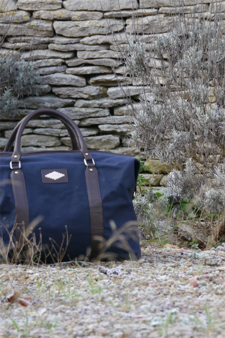 Caballero Large Travel Bag - Brown Leather and Navy Canvas With Cream Stitching
