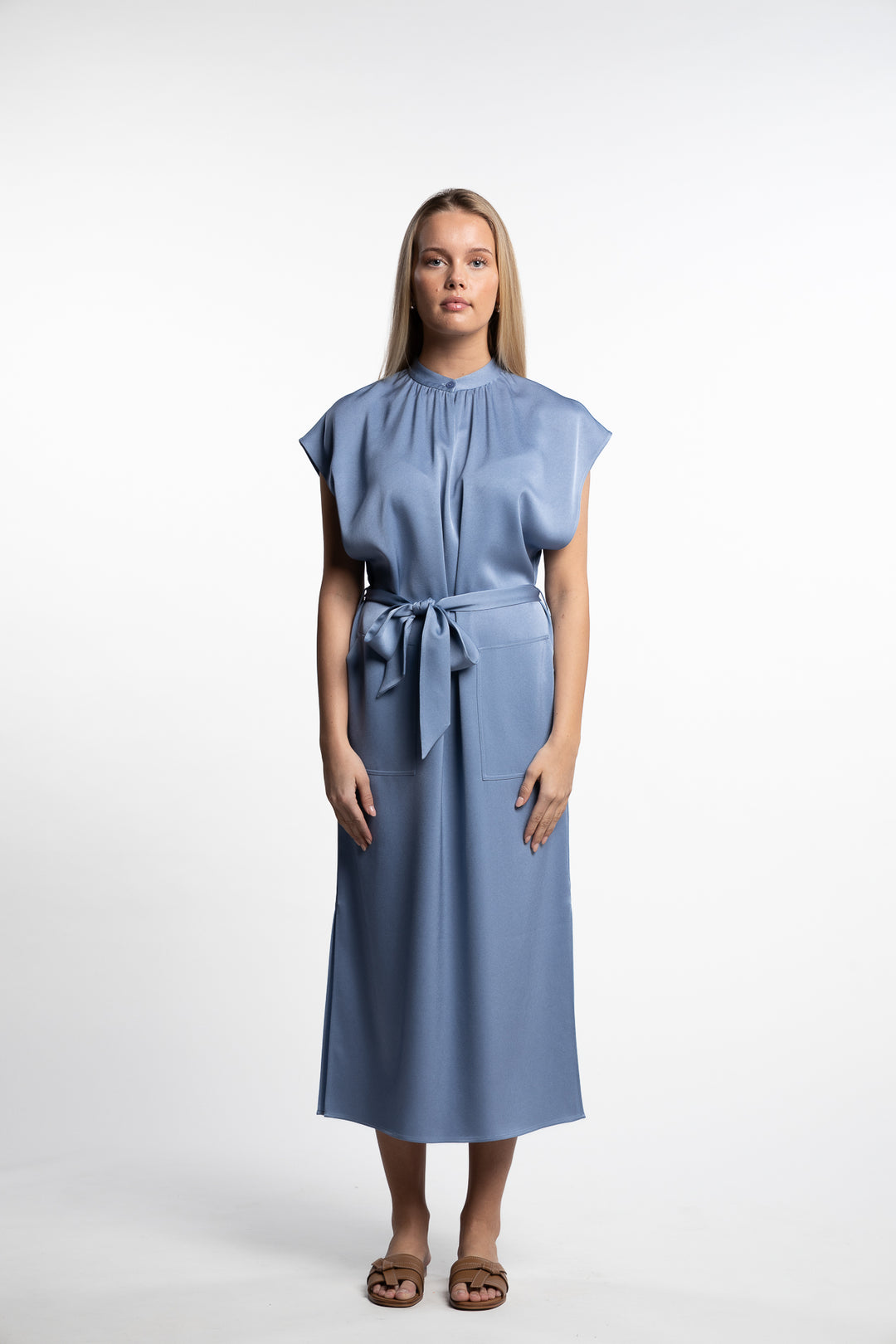 Belted Stand Collar Dress- Air