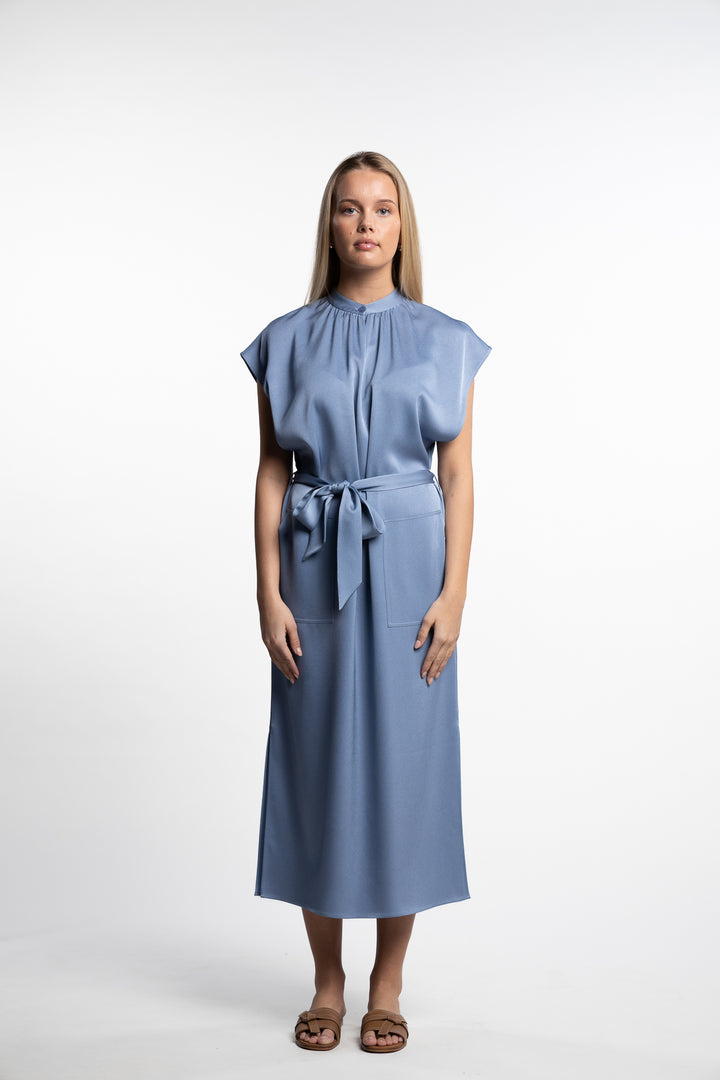 Belted Stand Collar Dress- Air