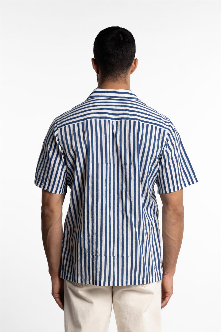 Short Sleeve Cotton Block Print Camp Collar Blue Stripe