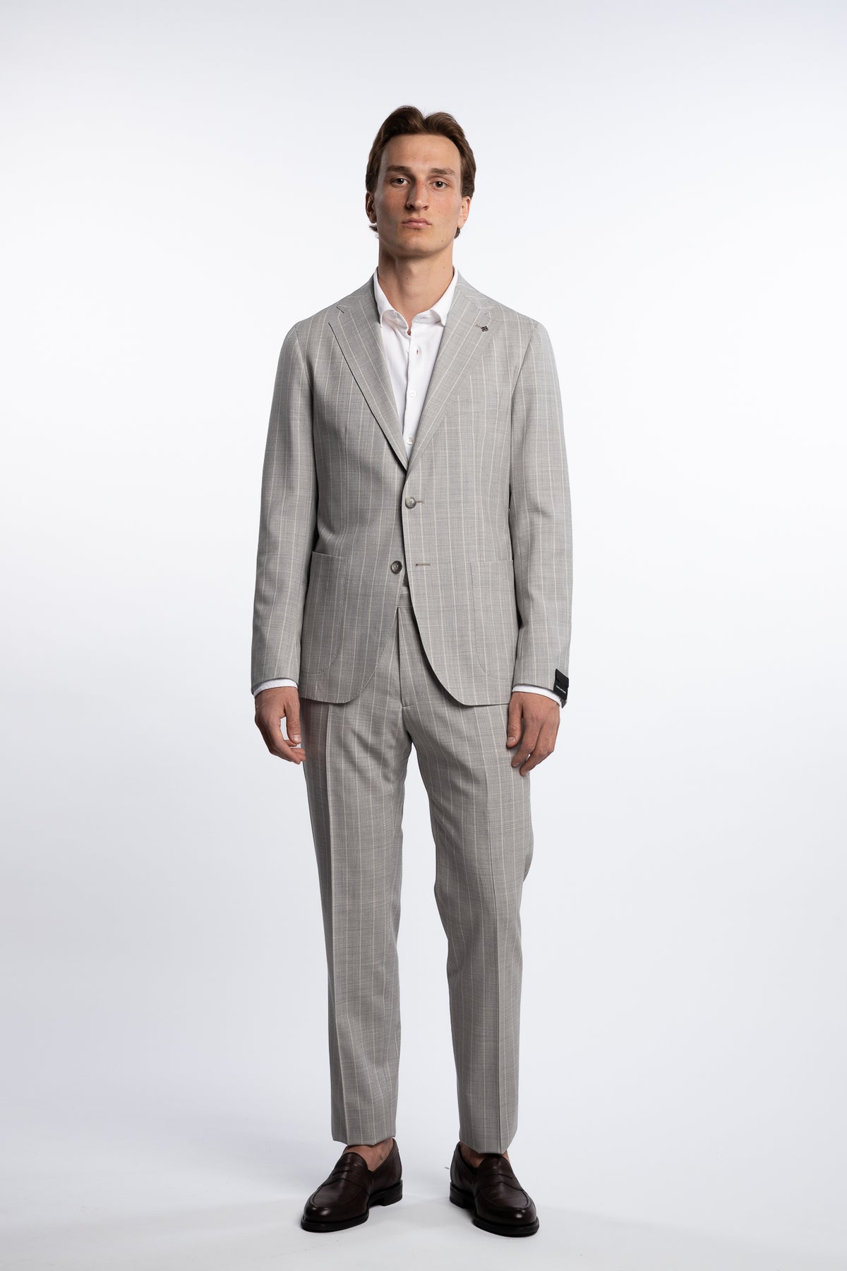 Regular Fit Wool/Silk Suit Grey Pinstripe