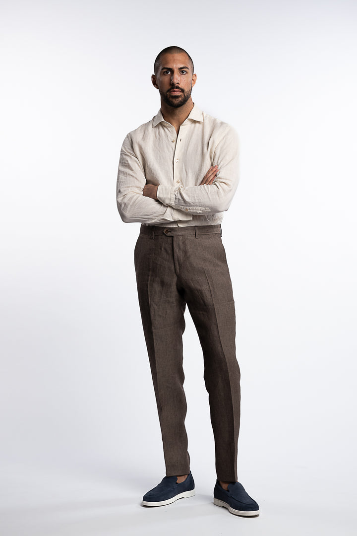 Denz Slim Fit Linen Trousers Dusk Brown