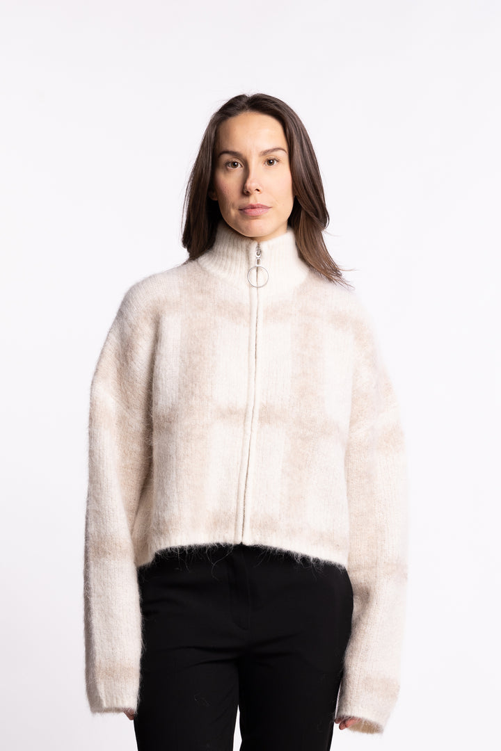 Tine Light Check Cardigan- Lt Brown Mix