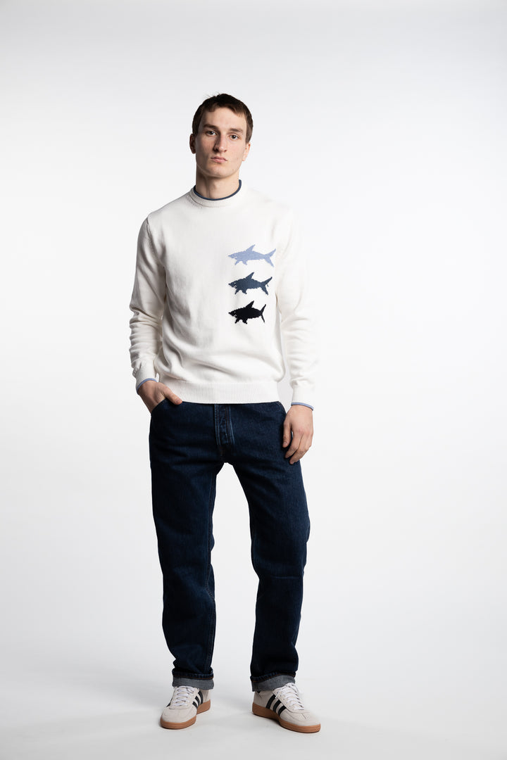 Sharks Intarsia Jacquard Cotton Crew White