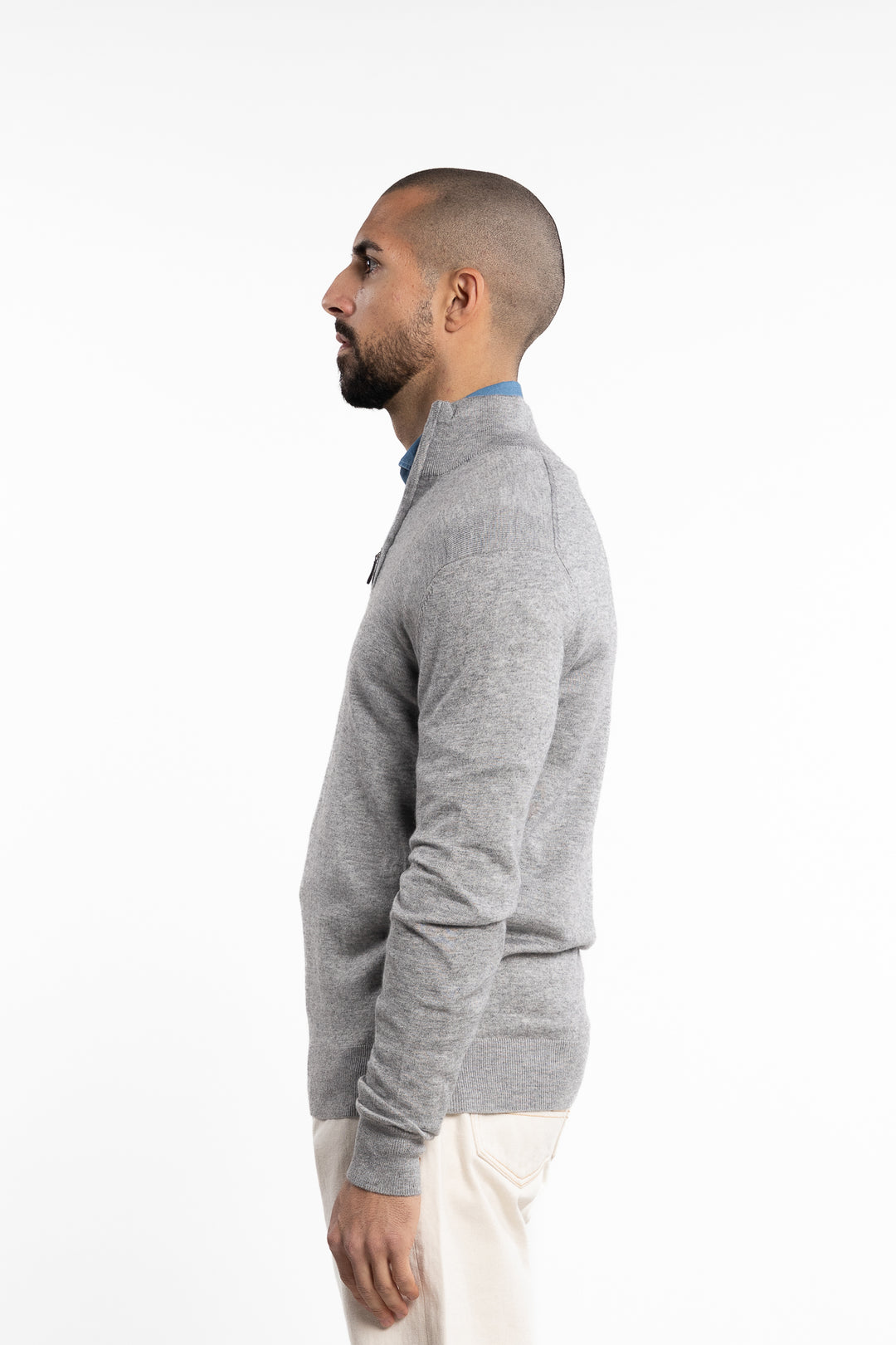 Knitted Wool Cashmere Half-Zip Light Grey Melange