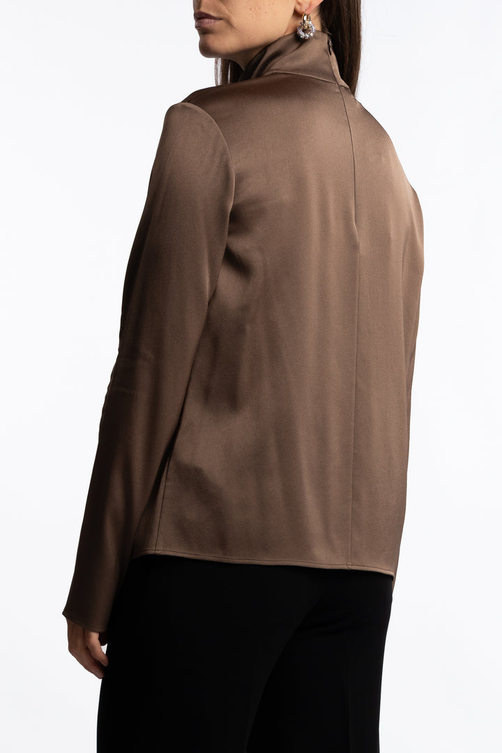 Turtleneck Satin Blouse- Oak Brown