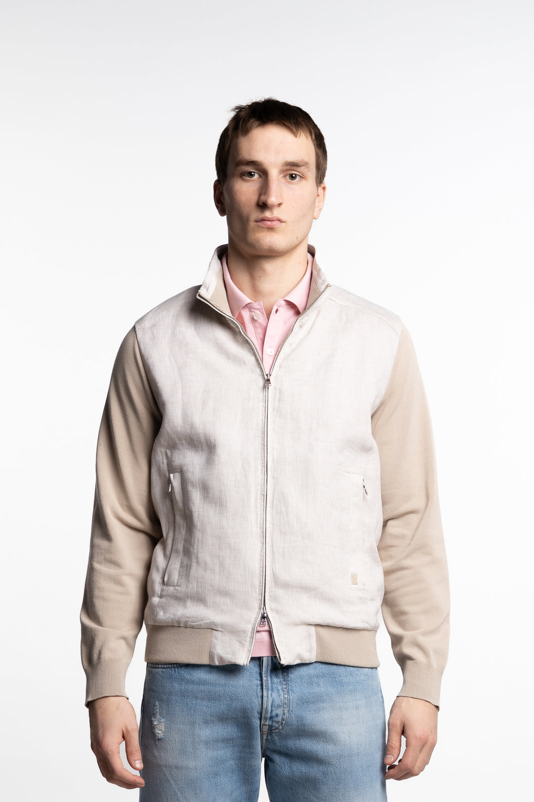 Hybrid Zip-Up Cardigan Linen And Fresco Cotton Beige