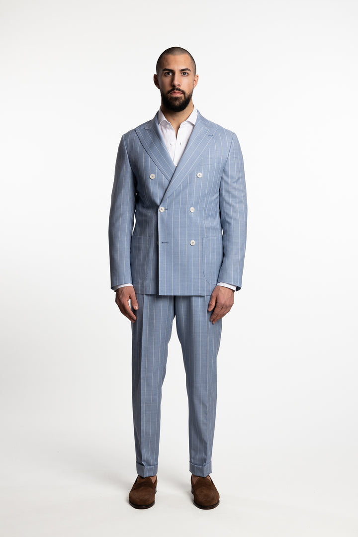 Jakob Hanko Double Breasted Wool Suit Light Blue Pinstripe
