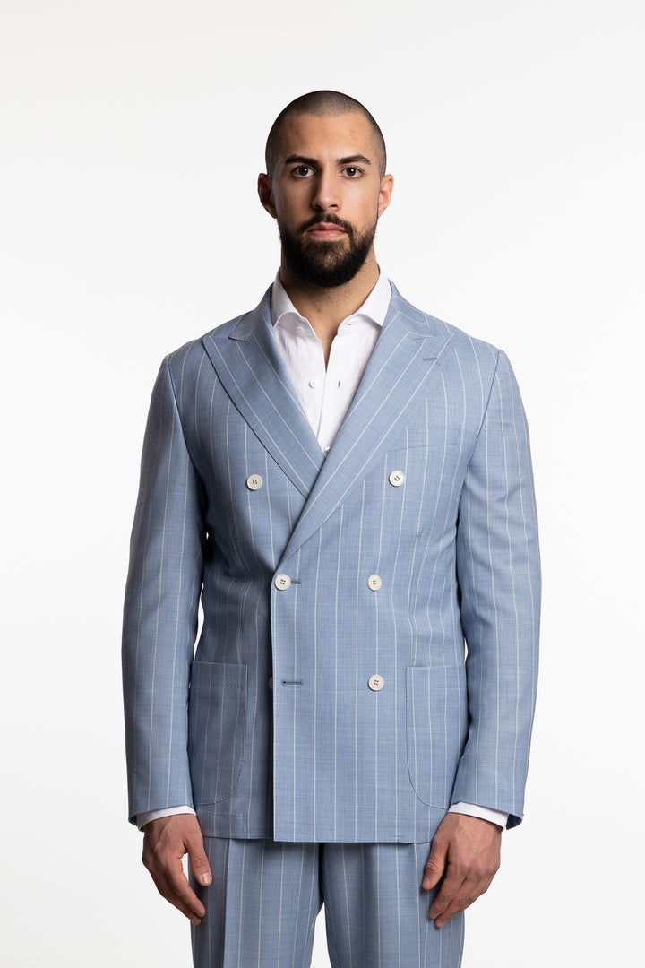 Jakob Hanko Double Breasted Wool Suit Light Blue Pinstripe