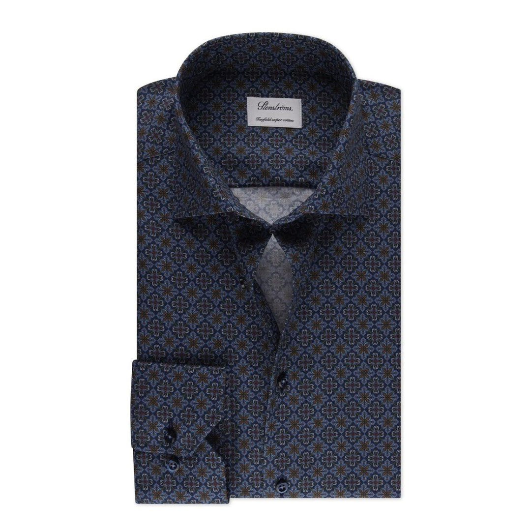 Slimline Patterned Oxford Shirt Navy-Stenströms-Bogartstore