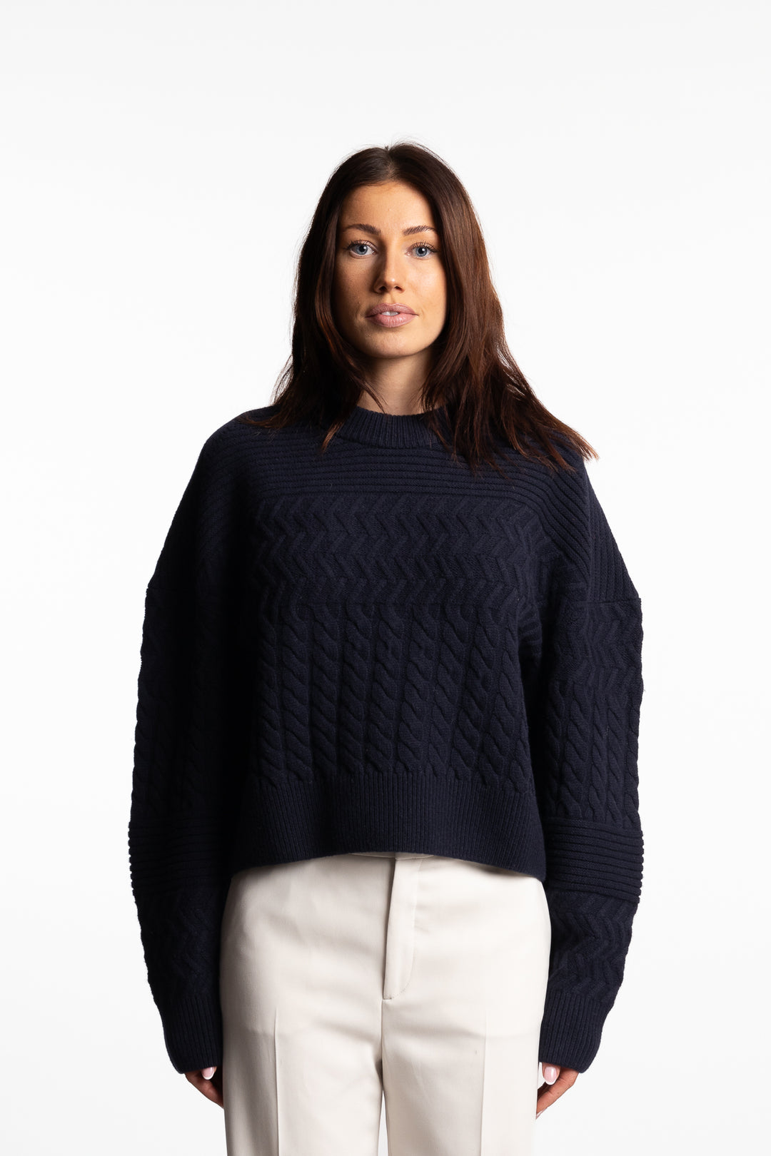 Boxy Braided Sweater- Navy