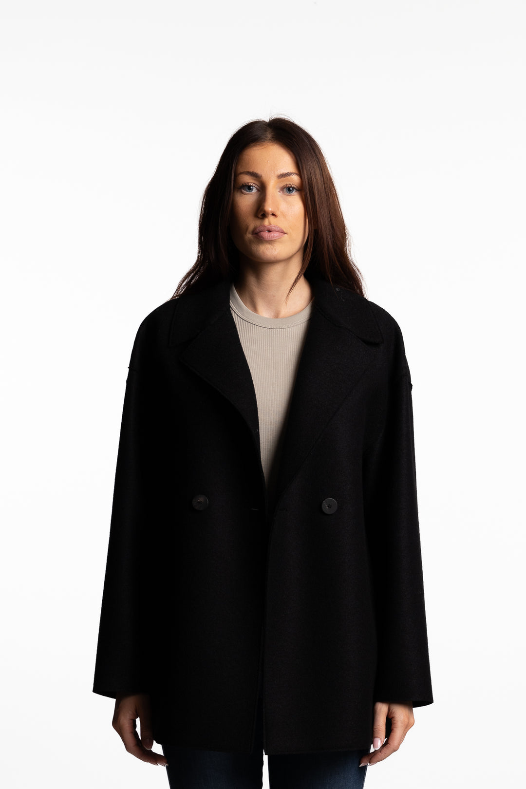 Dropped shoulder doublebreasted jacket pressed wool- Black